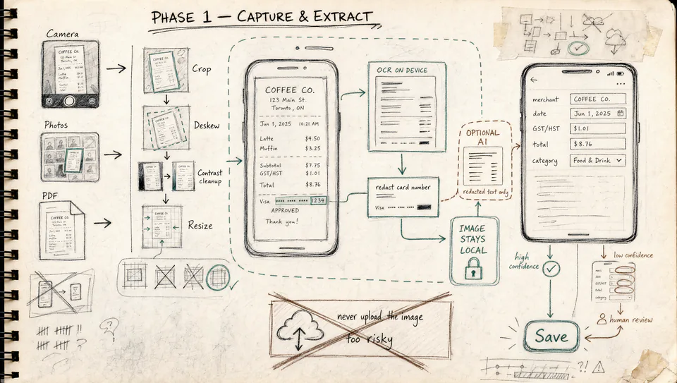 Product-development concept board mapping receipt capture from camera, photo, and PDF inputs through image cleanup, OCR, card-data redaction, optional AI, and human review.