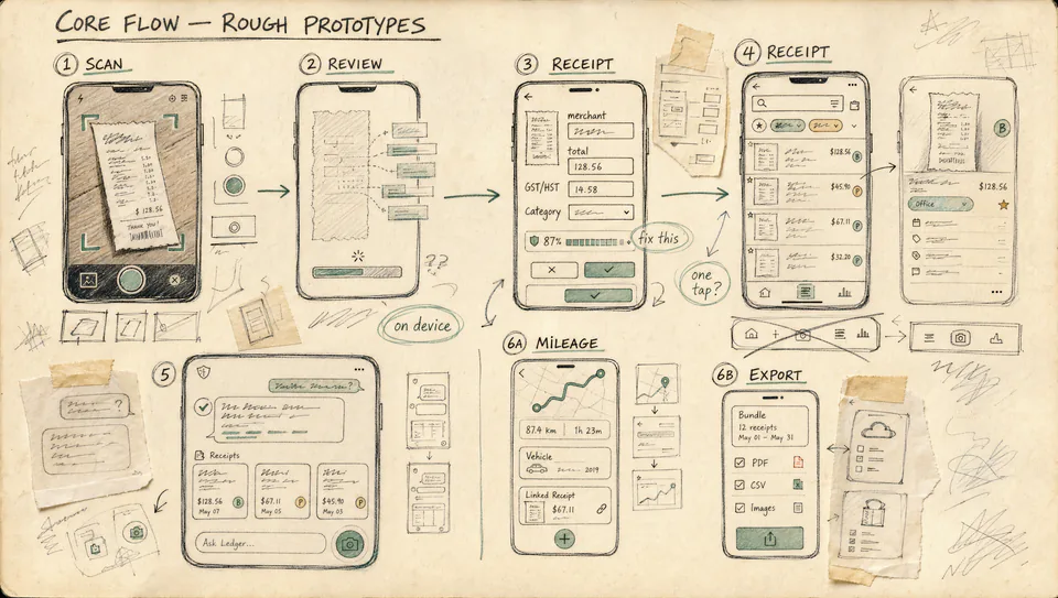 Cropped PKTD product-development concept showing the Core Flow from scanning and review through receipt history, Ledger, mileage, and exports.