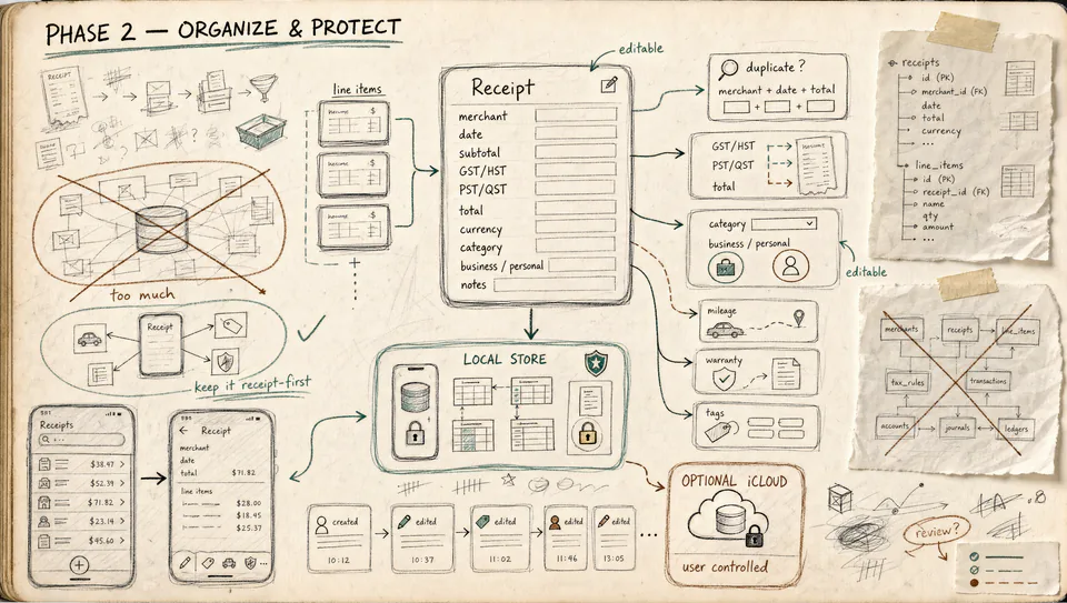 Product-development concept board exploring receipt organization, editable fields, Canadian taxes, local storage, optional sync, duplicates, mileage, warranties, and tags.